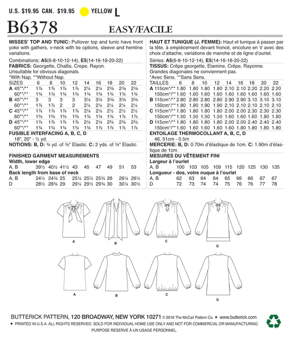 B6378 Misses' Gathered Tops and Tunics with Neck Ties (Size: 14-16-18-20-22)