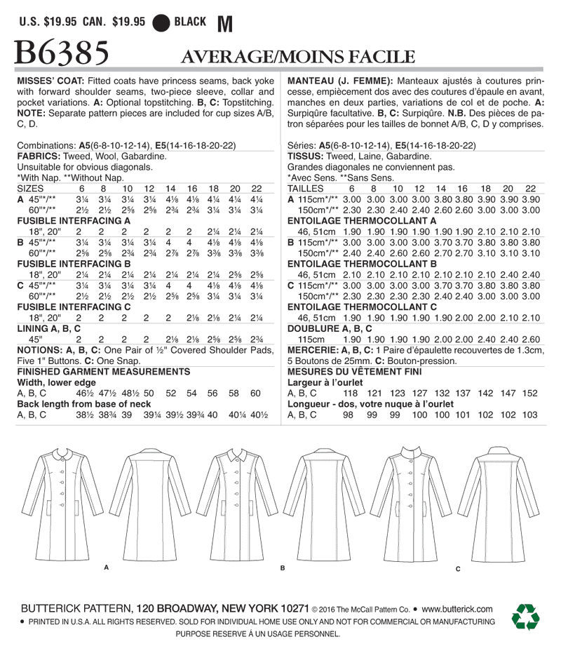 B6385 Manteau - Jeune Femme (Size: 6-8-10-12-14)