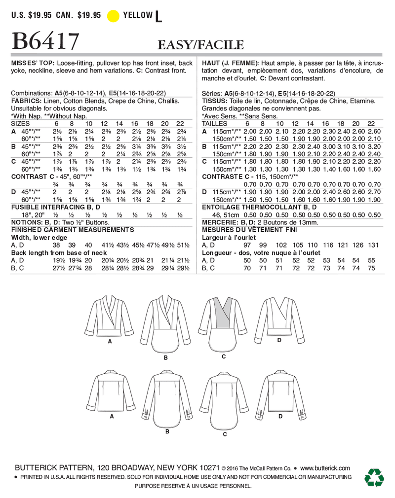 B6417 Misses' Surplice, Paneled Tops  (Size: 14-16-18-20-22)