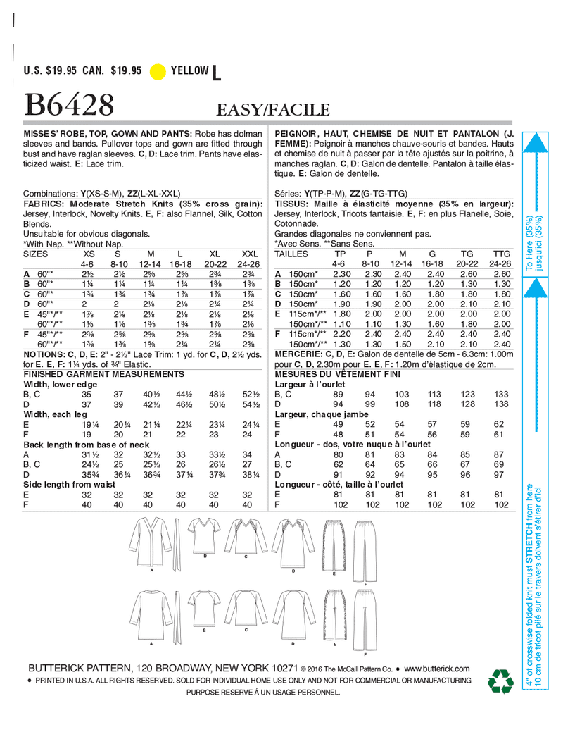 B6428 Misses' Robe, Raglan Sleeve Tops and Gown, and Pull-On Pants (Size: 16-18-20-22-24-26)