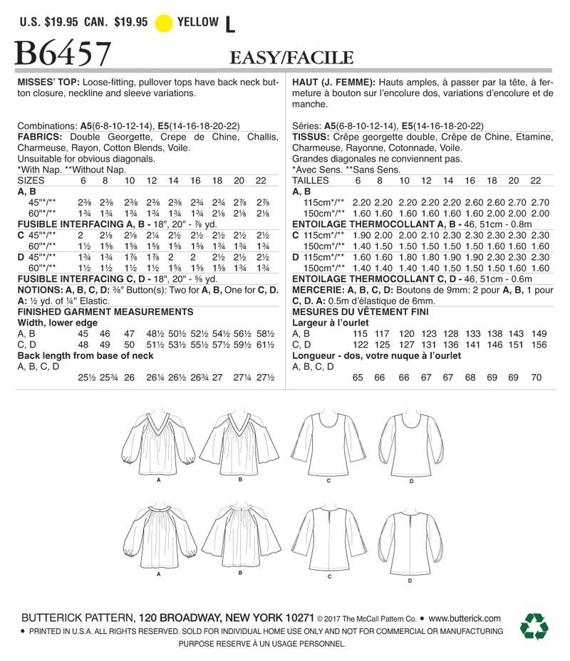 B6457 Misses' V-Neck or Scoopneck, Cold-Shoulder Tops (Size: 14-16-18-20-22)