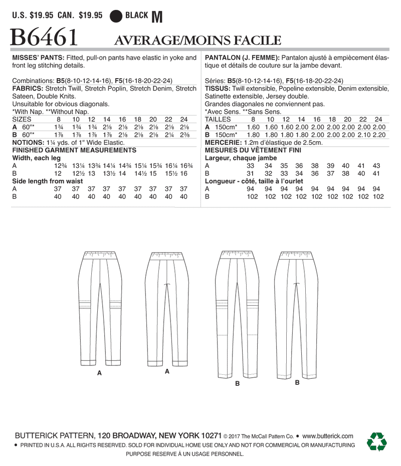 B6461 Misses' Seam-Detail Pants (Size: 16-18-20-22-24)