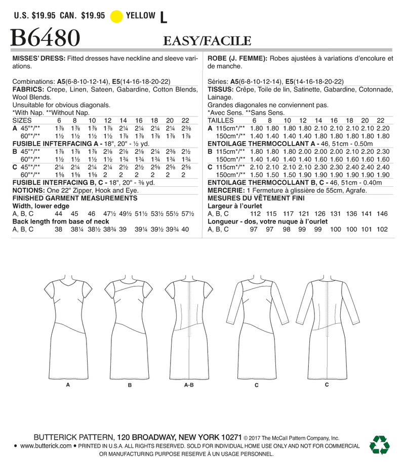 B6480 Misses' Fitted Dresses with Hip Detail, Neck and Sleeve Variations (Size: 14-16-18-20-22)