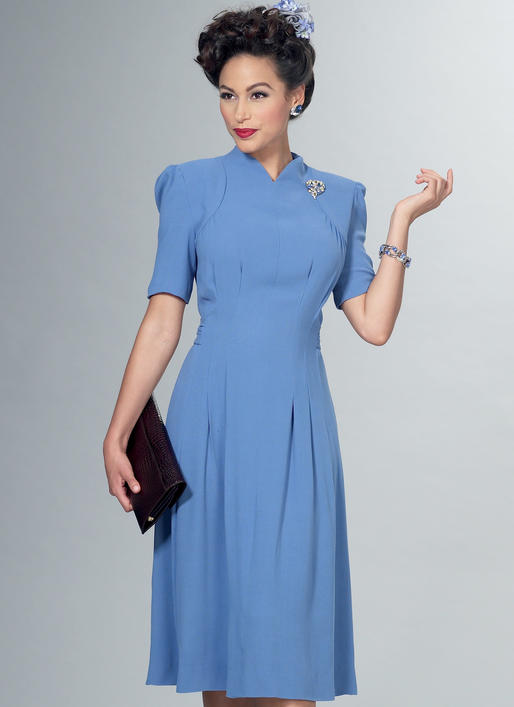 B6485 Misses' Dresses with Shoulder and Bust Detail, Waist Tie, and Sleeve Variations (Size: 14-16-18-20-22)