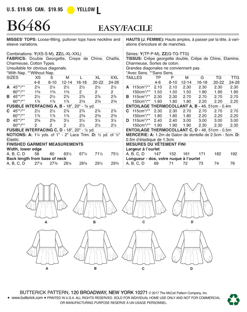 B6486 Misses' Loose-Fitting, Gathered Waist Pullover Tops with Bell Sleeves (Size: L-XL-XXL)