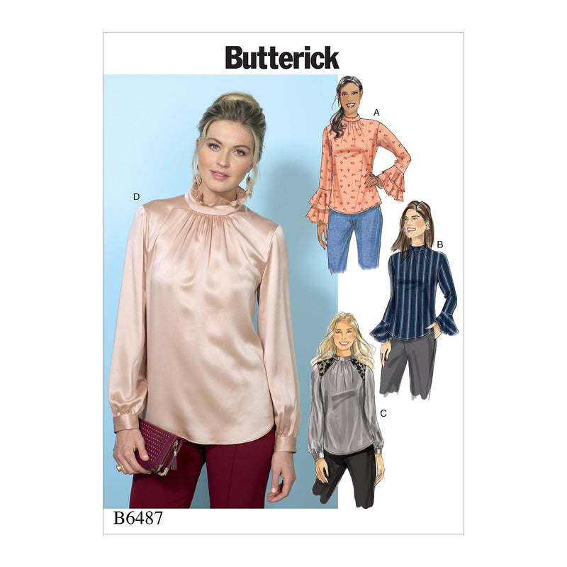B6487 Misses' Tops with Gather-Detail Mock-Neck, and Sleeve Variations (Size: 14-16-18-20-22)