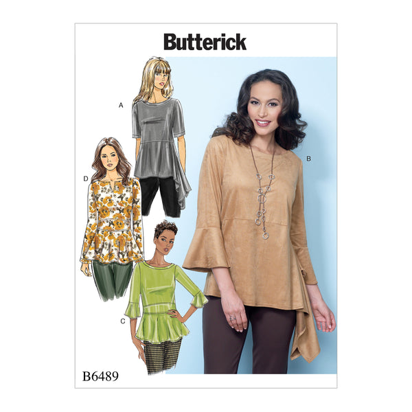 B6489 Misses' Pullover Tops with Sleeve and Peplum Variations (Size: XS-S-M)