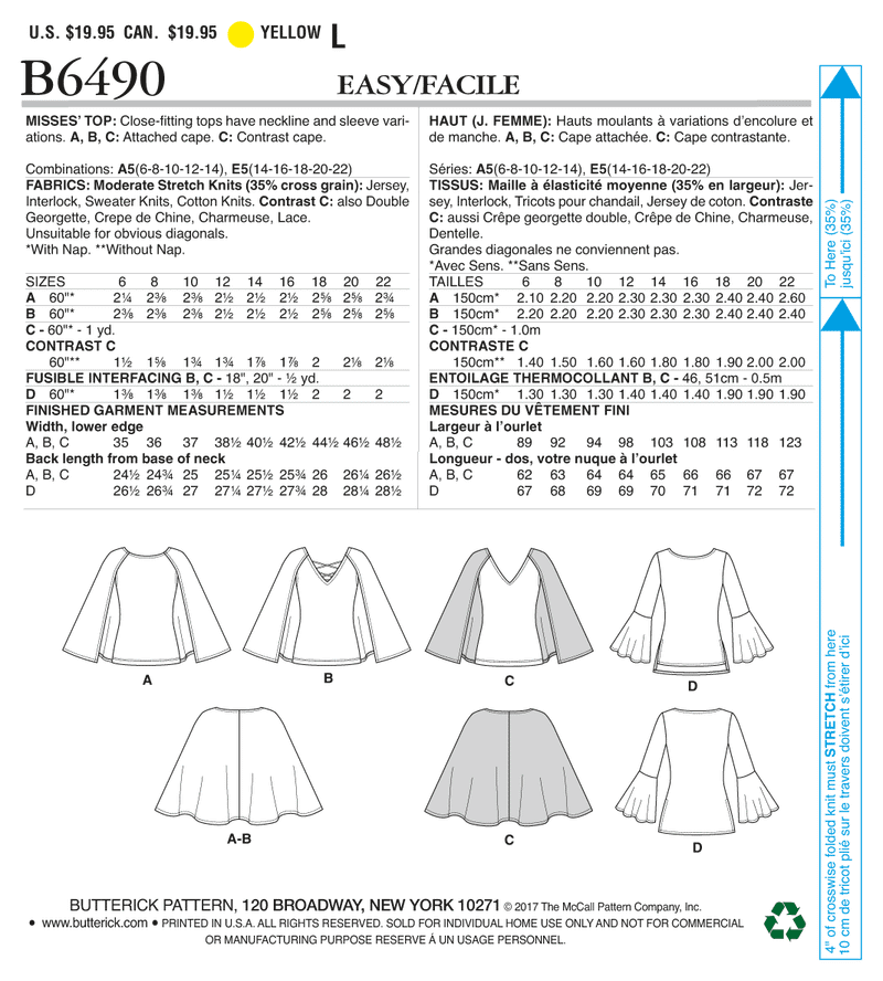B6490 Misses' Tops with Attached Cape and Sleeve Variations (Size: 14-16-18-20-22)