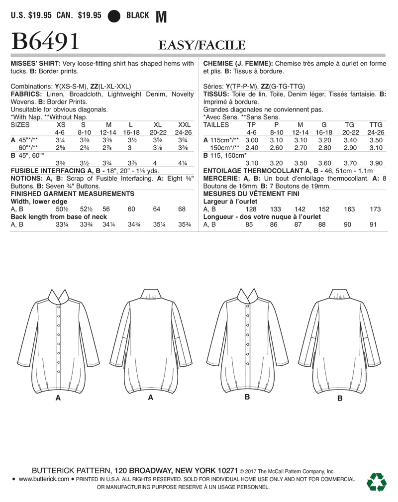 B6491 Misses' Loose Shirts with Stand Collar, Shaped Hem and Tucks (Size: XS-S-M)