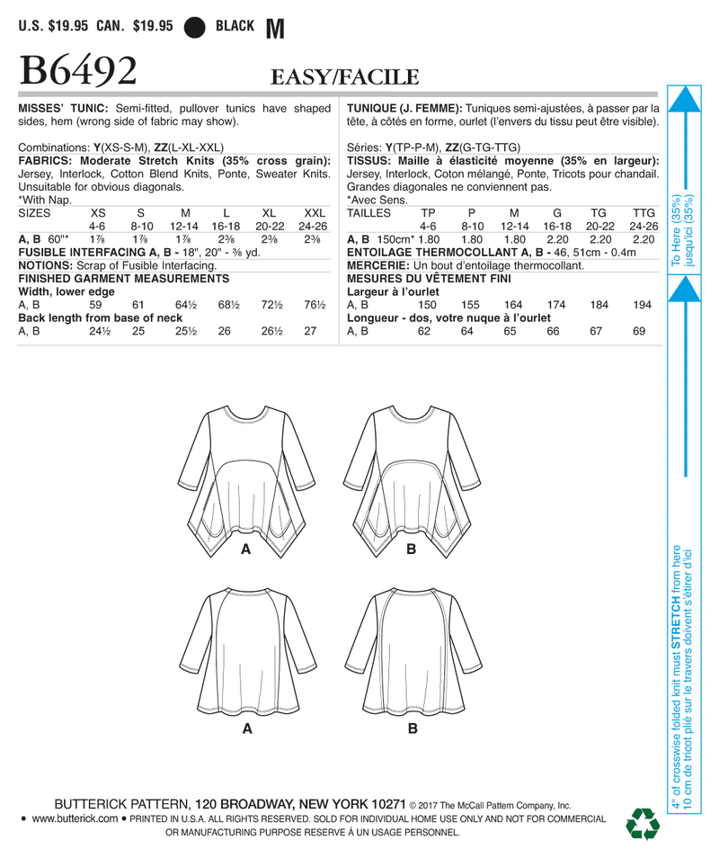 B6492 Misses' Loose Knit Tunics with Shaped Sides and Pockets (Size: XS-S-M)