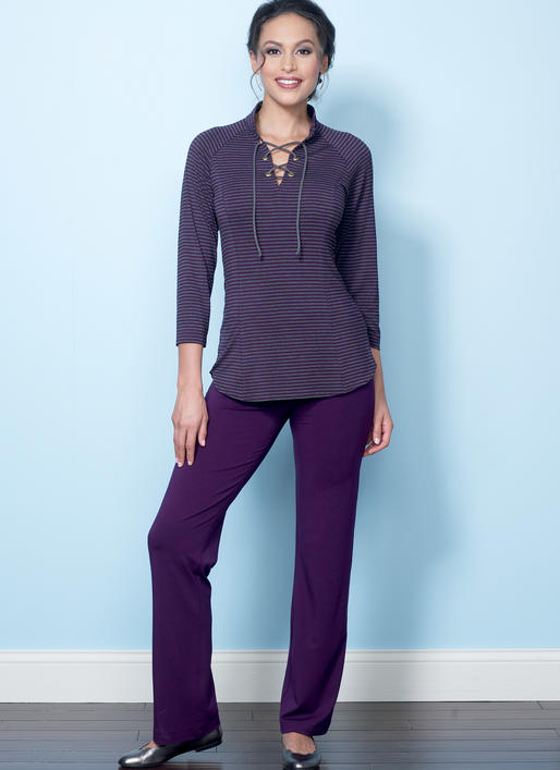 B6494 Misses' Knit Raglan Sleeve Tops and Dress, Vest, and Pull-On Pants (Size: 6-8-10-12-14)