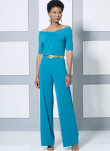 B6495 Misses' Knit Off-the-Shoulder Top, Dress and Jumpsuit, Loose Jacket, and Pull-On Pants (Size: XS-S-M)