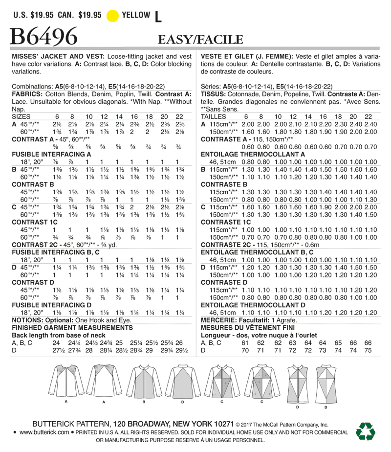 B6496 Misses' Jackets and Vests with Contrast and Seam Variations (Size: 14-16-18-20-22)