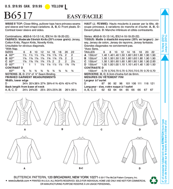 B6517 Misses' Top with Pleat and Options (Size: 6-8-10-12-14)