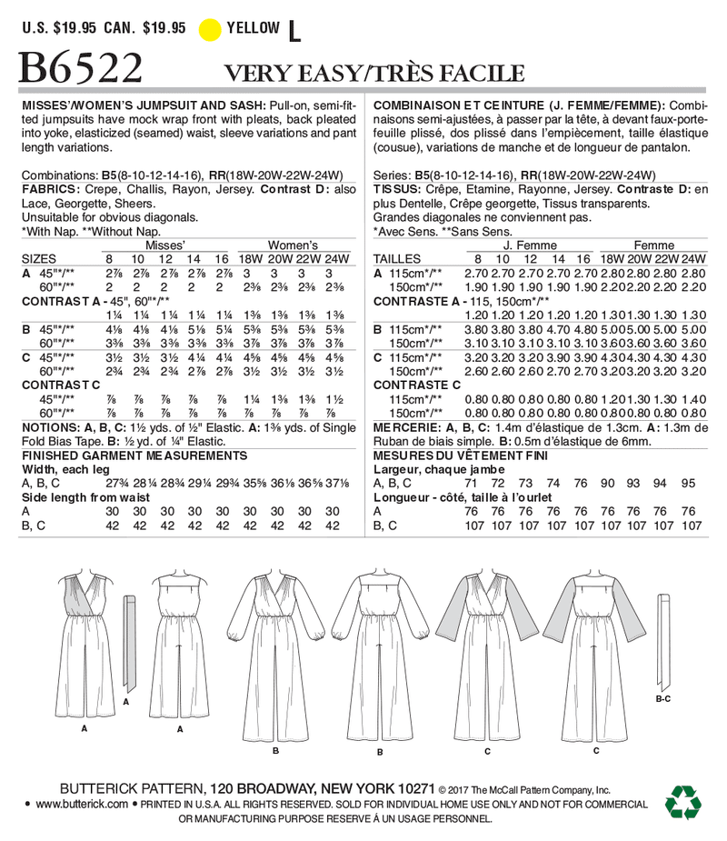 B6522 Misses'/Women's Jumpsuit and Sash (Size: 8-10-12-14-16)