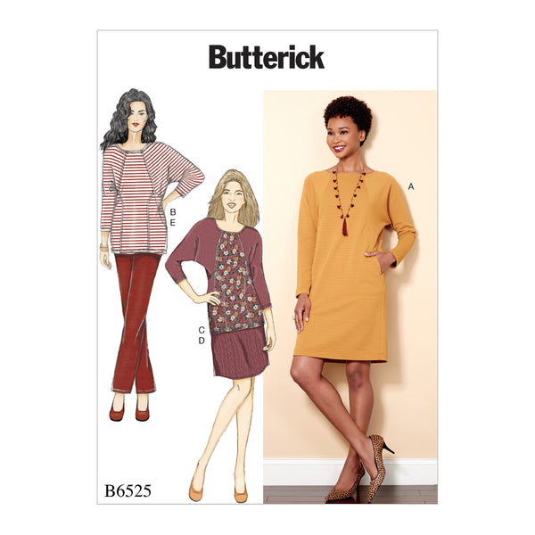 B6525 Misses' Knit Dress and Tunic, Skirt, and Pants (Size: 6-8-10-12-14)