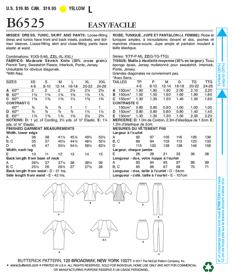 B6525 Robe et tunique en tricot, jupe et pantalon pour Jeune Femme (Size: 6-8-10-12-14)