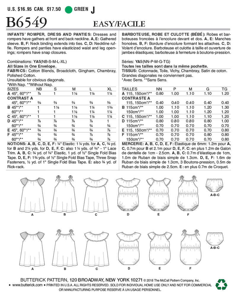 B6549 Infants' Romper, Dress and Panties (Size: NB-S-M-L-XL)