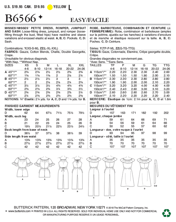 B6566 Misses'/Misses' Petite Dress,Romper, Jumpsuit and Sash (Size: L-XL-XXL)
