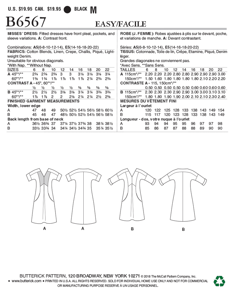 B6567 Misses' Dress (Size: 6-8-10-12-14)