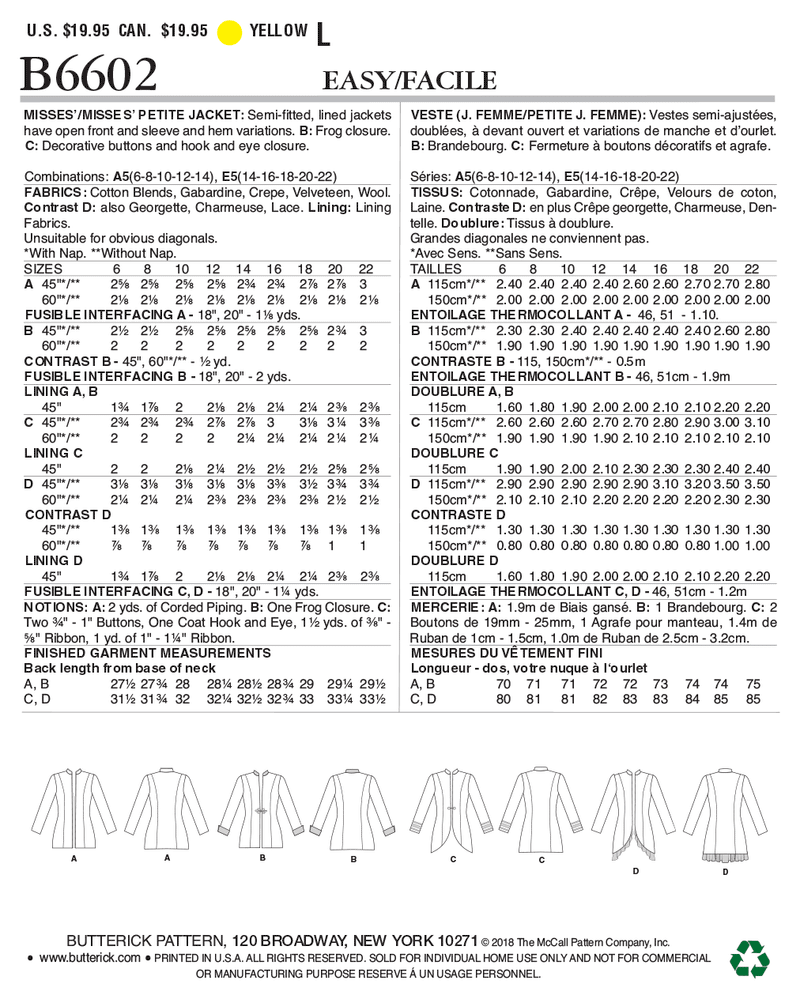 B6602 Misses'/Misses' Petite Jacket (Size: 14-16-18-20-22)