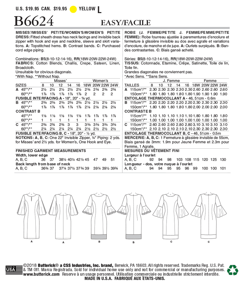 B6624 Robe pour Jeune Femme / Petite Jeune Femme, Femme / Petite Femme (Size: 8-10-12-14-16)
