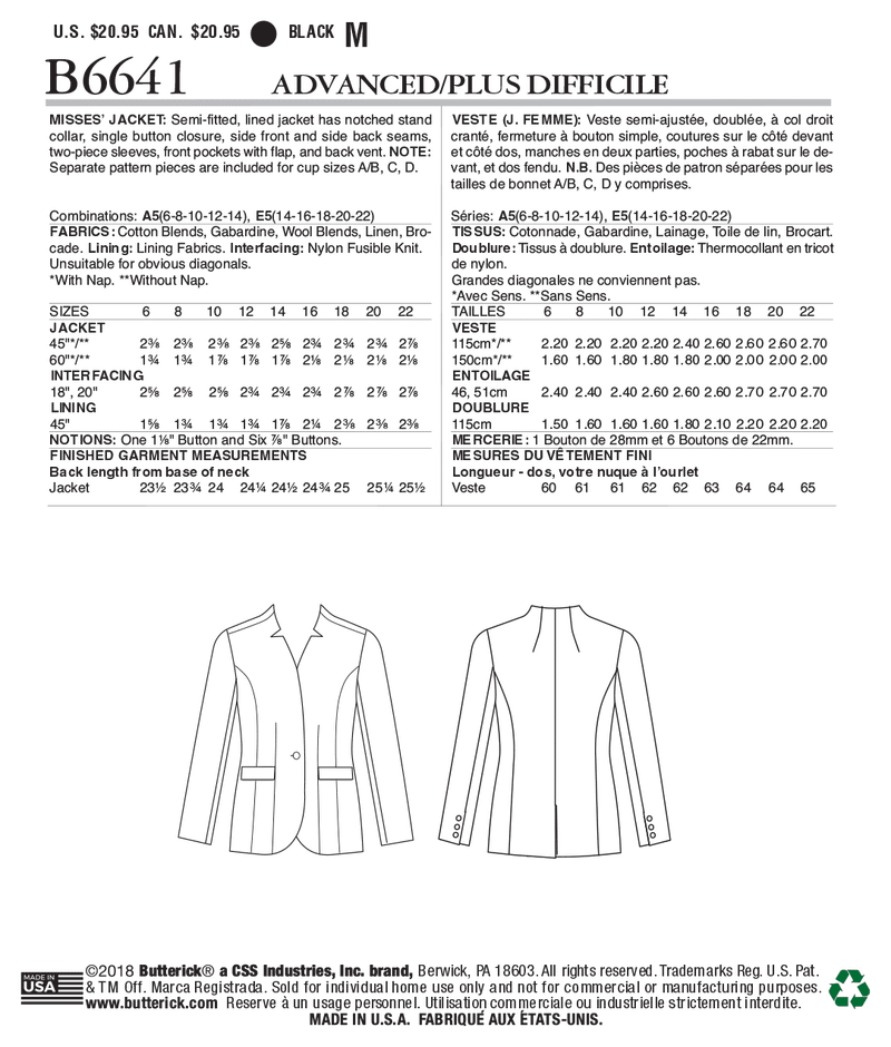 B6641 Misses' Jacket (Size: 6-8-10-12-14)