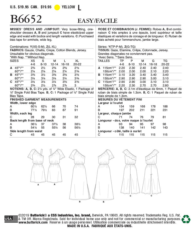 B6652 Misses' Dress and Jumpsuit (Size: XS-S-M)