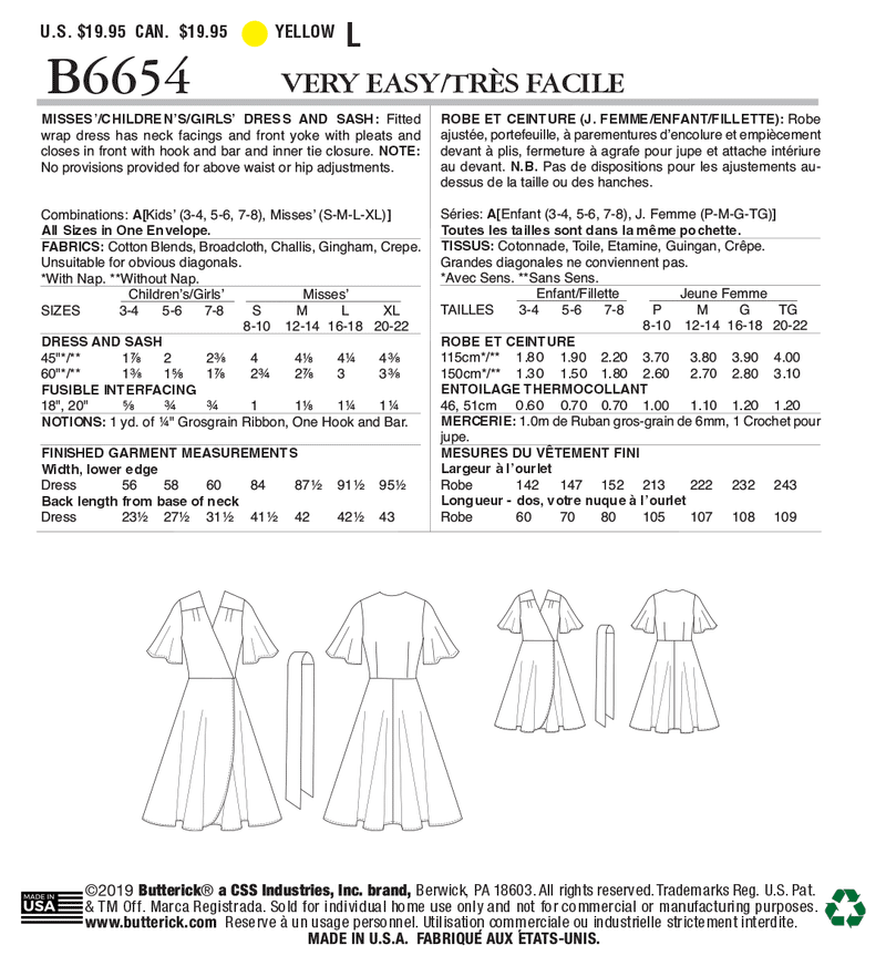 B6654 Misses', Children's and Girl's Dress and Sash (Size: All Sizes in One Envelope)