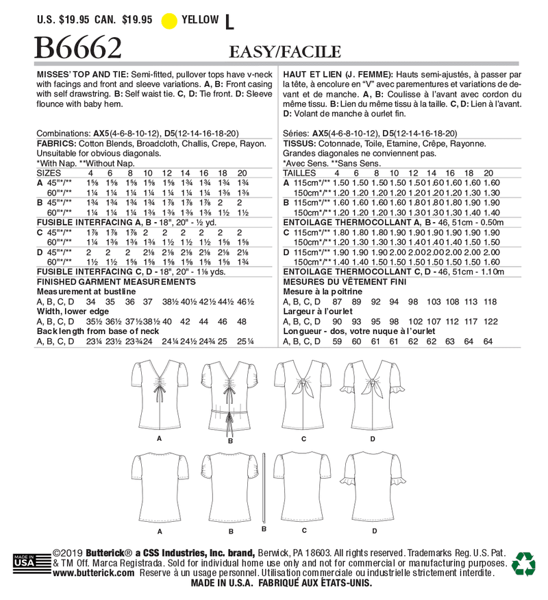 B6662 Misses' Top and Tie (Size: 54-6-8-10-12)
