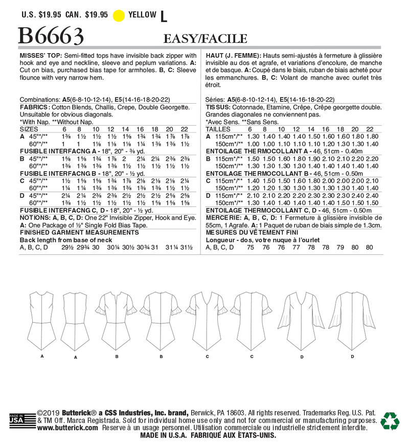 B6663 Misses' Top (Size: 6-8-10-12-14)