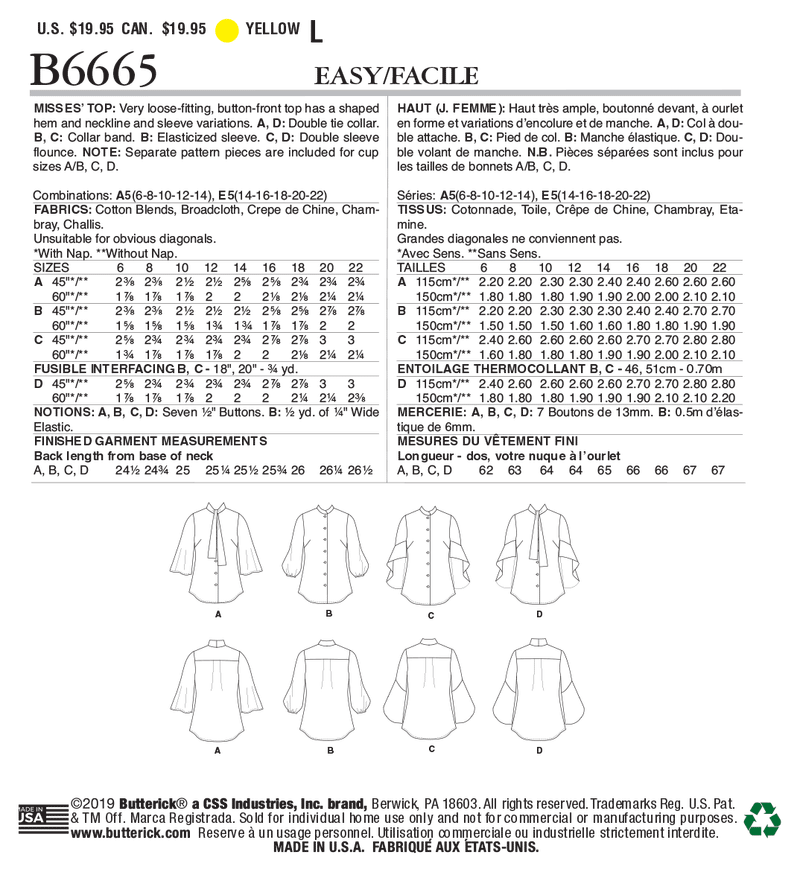 B6665 Misses' Top (Size: 6-8-10-12-14)