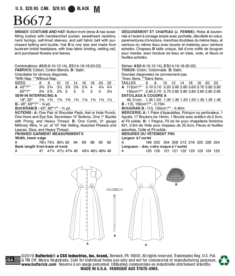B6672 Déguisement et chapeau pour Jeune Femme (Size: 14-16-18-20-22)