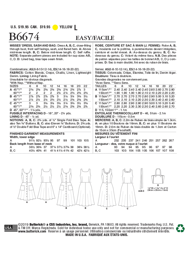 B6674 Misses' Dress, Sash and Bag (Size: 14-16-18-20-22)
