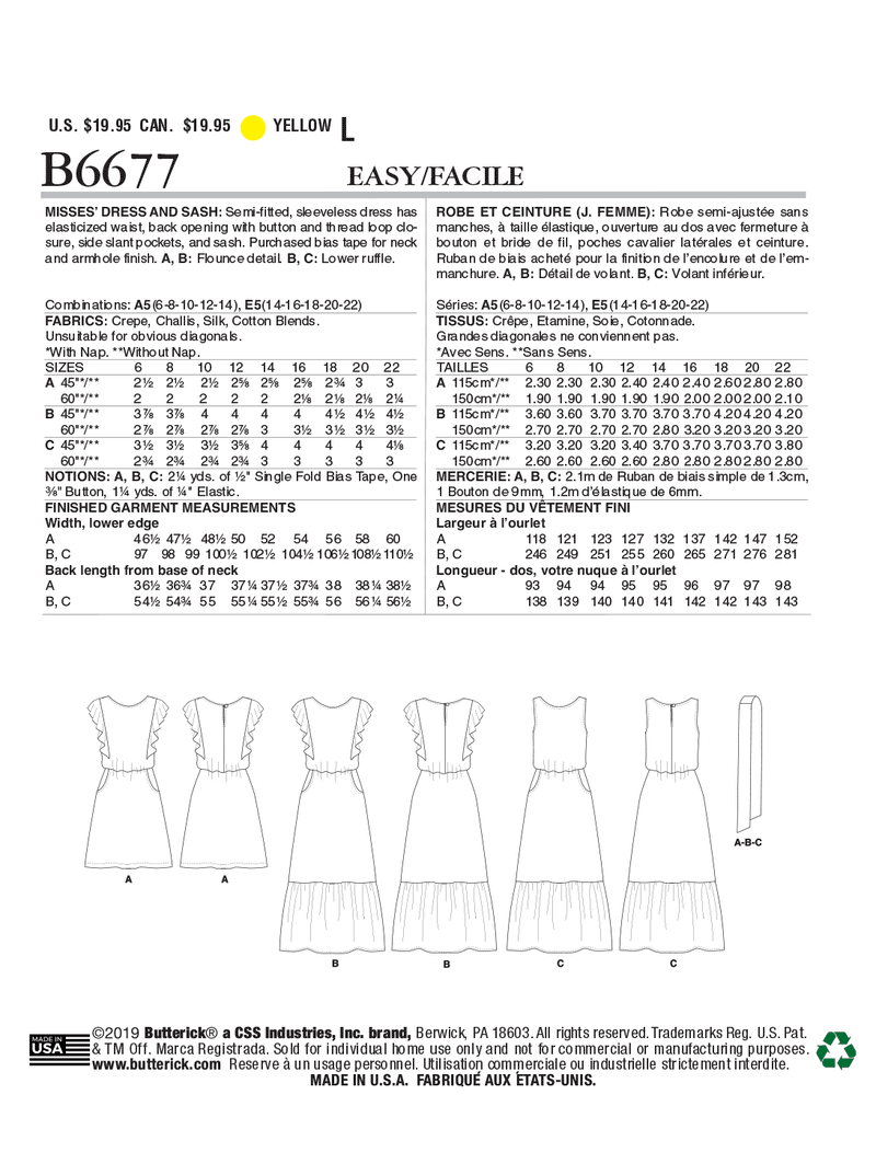 B6677 Misses' Dress and Sash (Size: 14-16-18-20-22)
