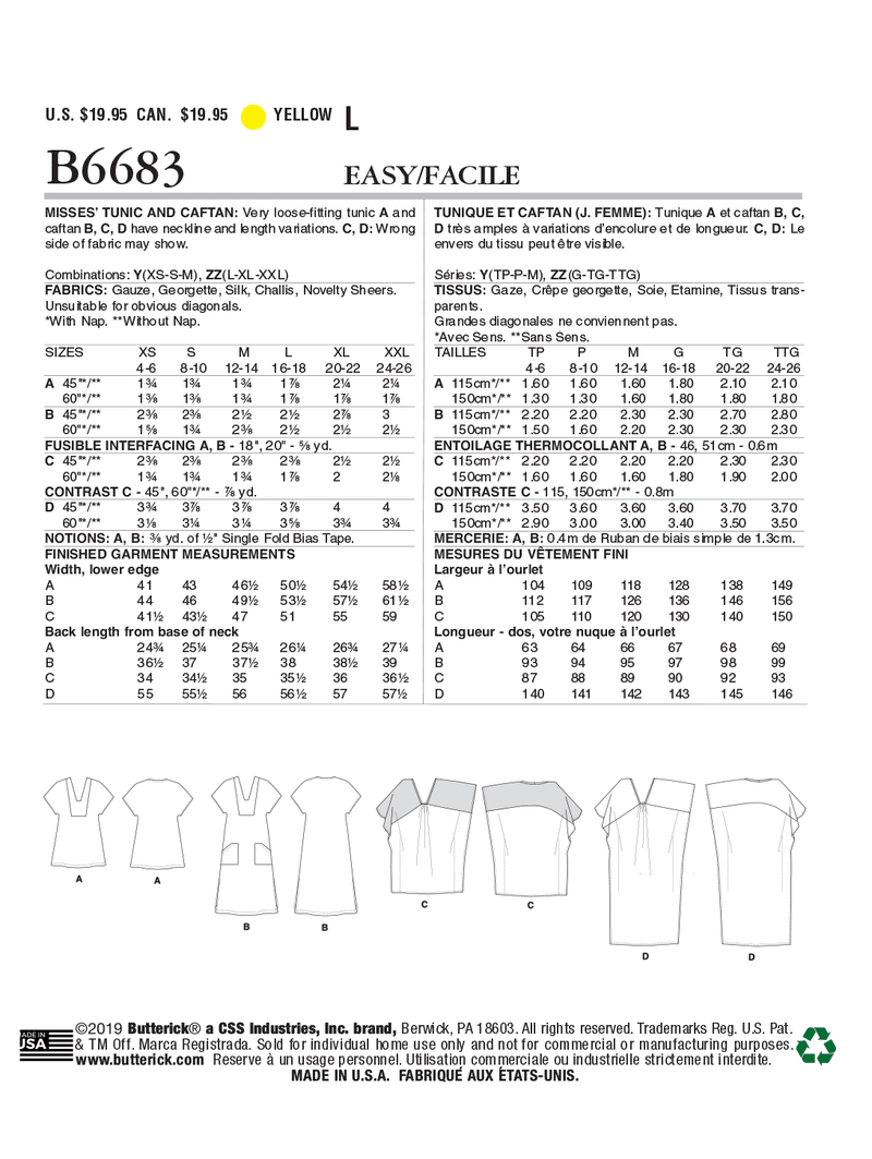 B6683 Misses' Tunic and Caftan (Size: L-XL-XXL)