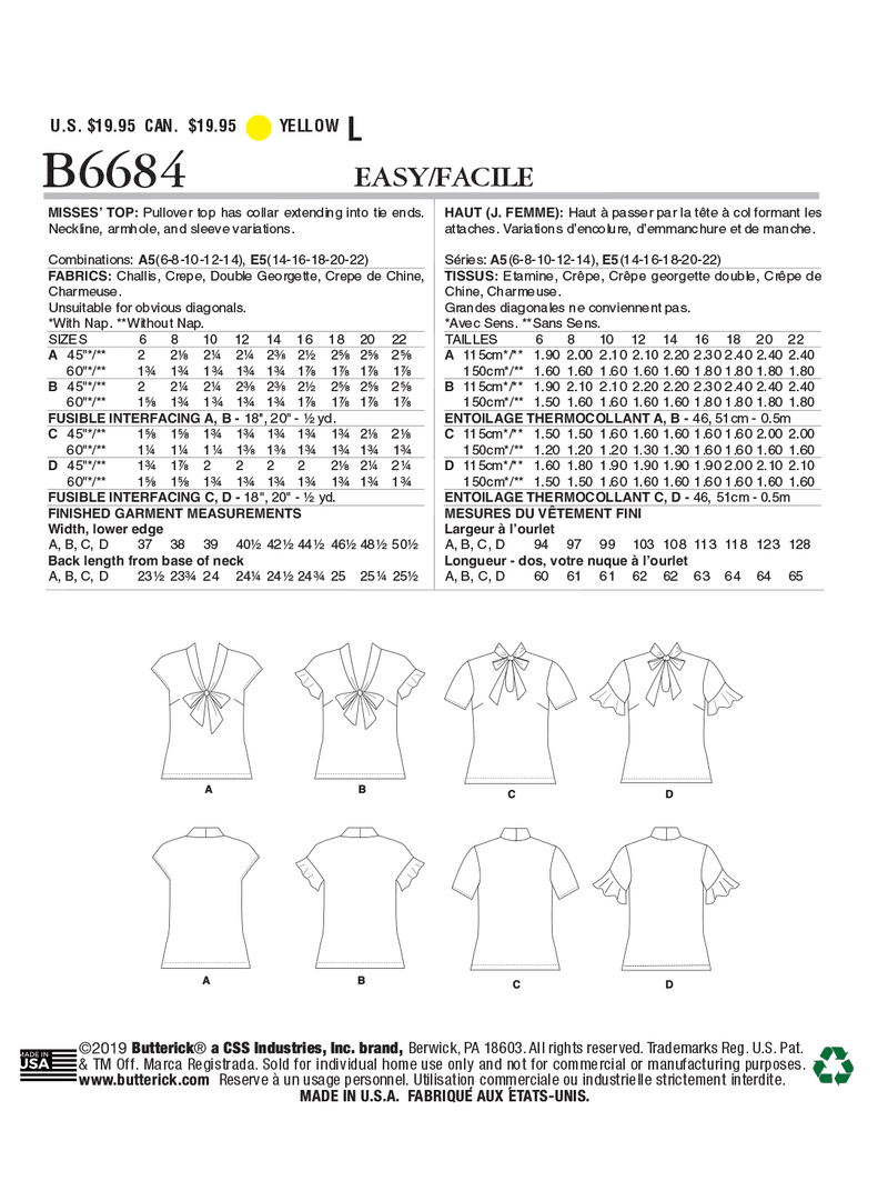B6684 Haut pour Jeune Femme (Size: 6-8-10-12-14)