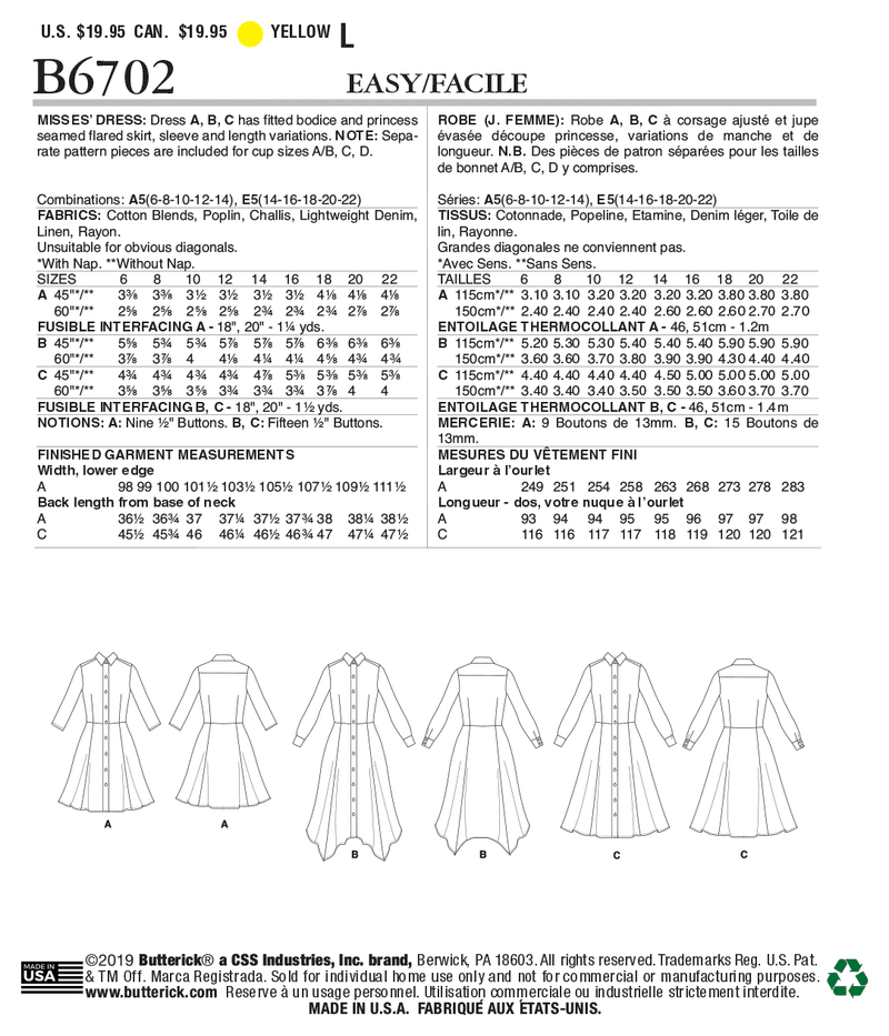 B6702 Misses' Dress (Size: 6-8-10-12-14)