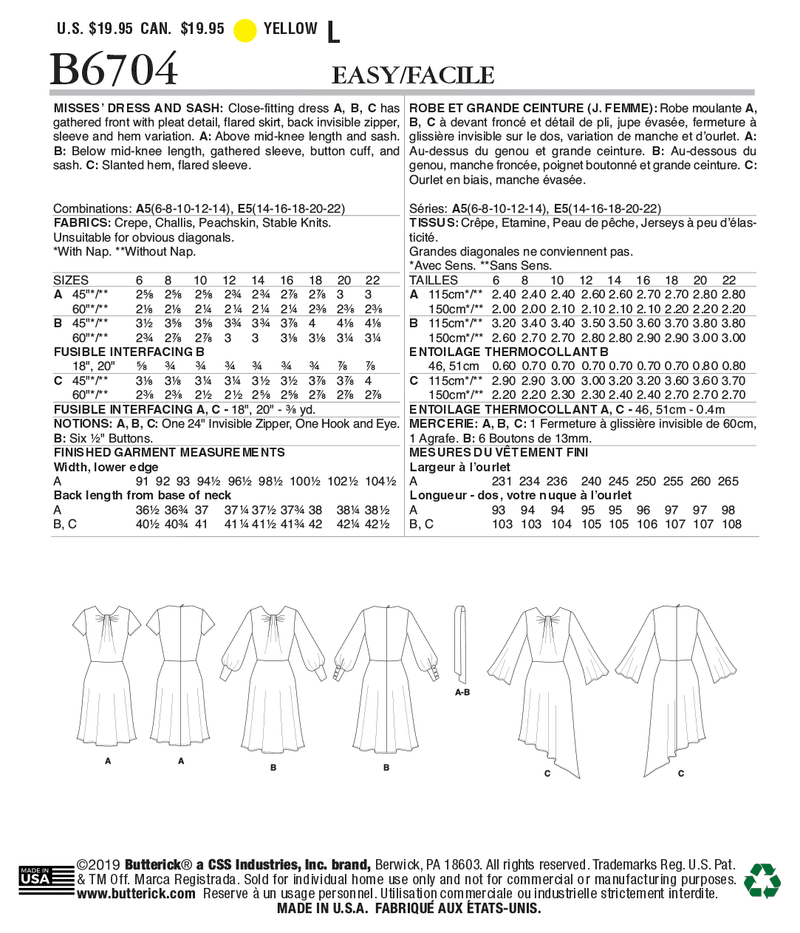 B6704 Misses' Dress & Sash (Size: 6-8-10-12-14)