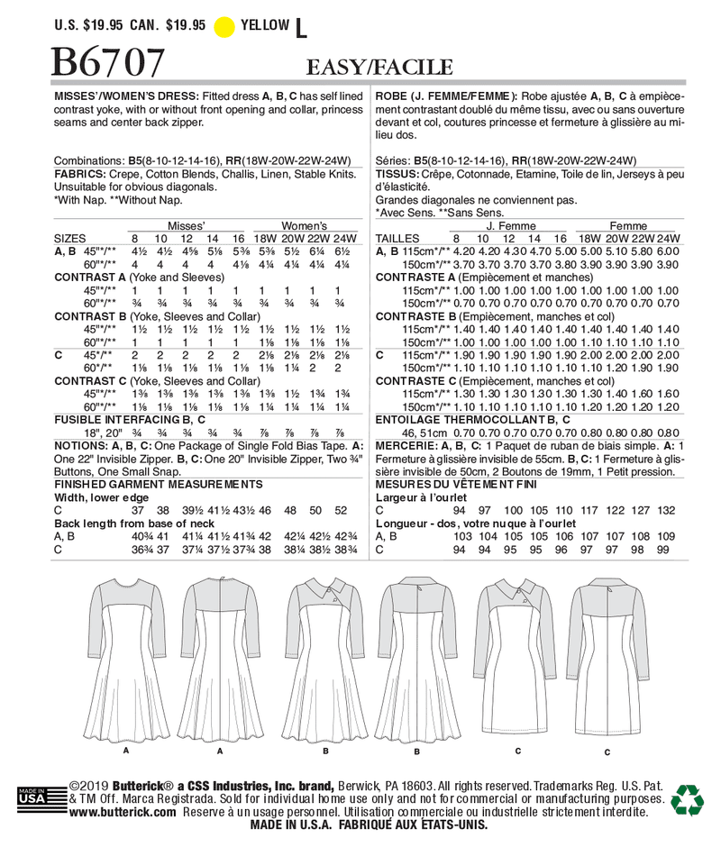 B6707 Robe pour Jeune Femme / Femme (Size: 8-10-12-14-16)
