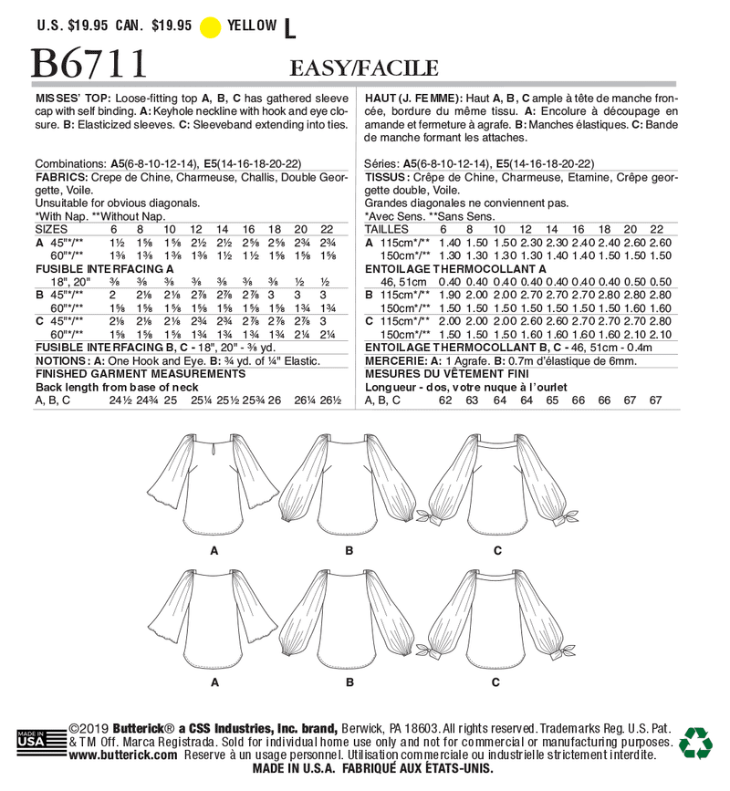 B6711 Haut pour Jeune Femme (Size: 6-8-10-12-14)