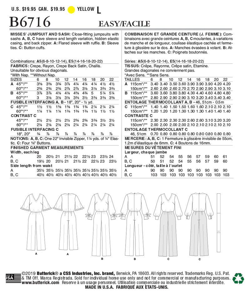 B6716 Misses' Jumpsuit & Sash (Size: 14-16-18-20-22)