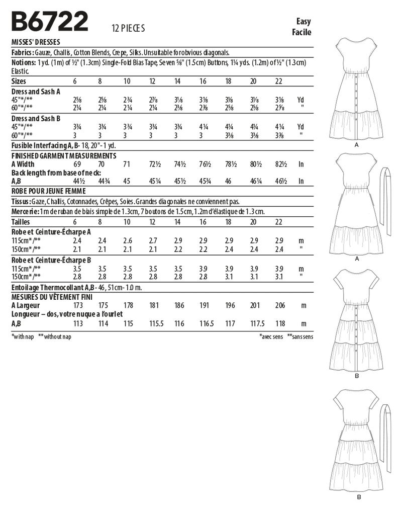 B6722 Misses' Dresses (Size: 6-8-10-12-14)