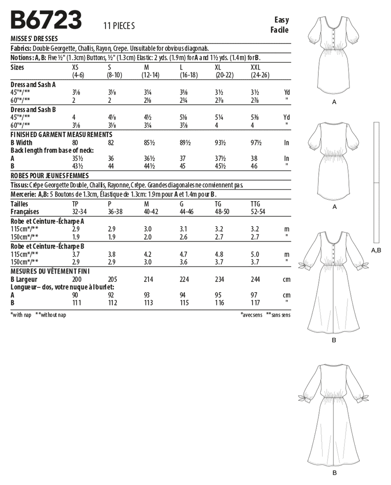 B6723 Misses' Dresses (Size: XS-S-M)