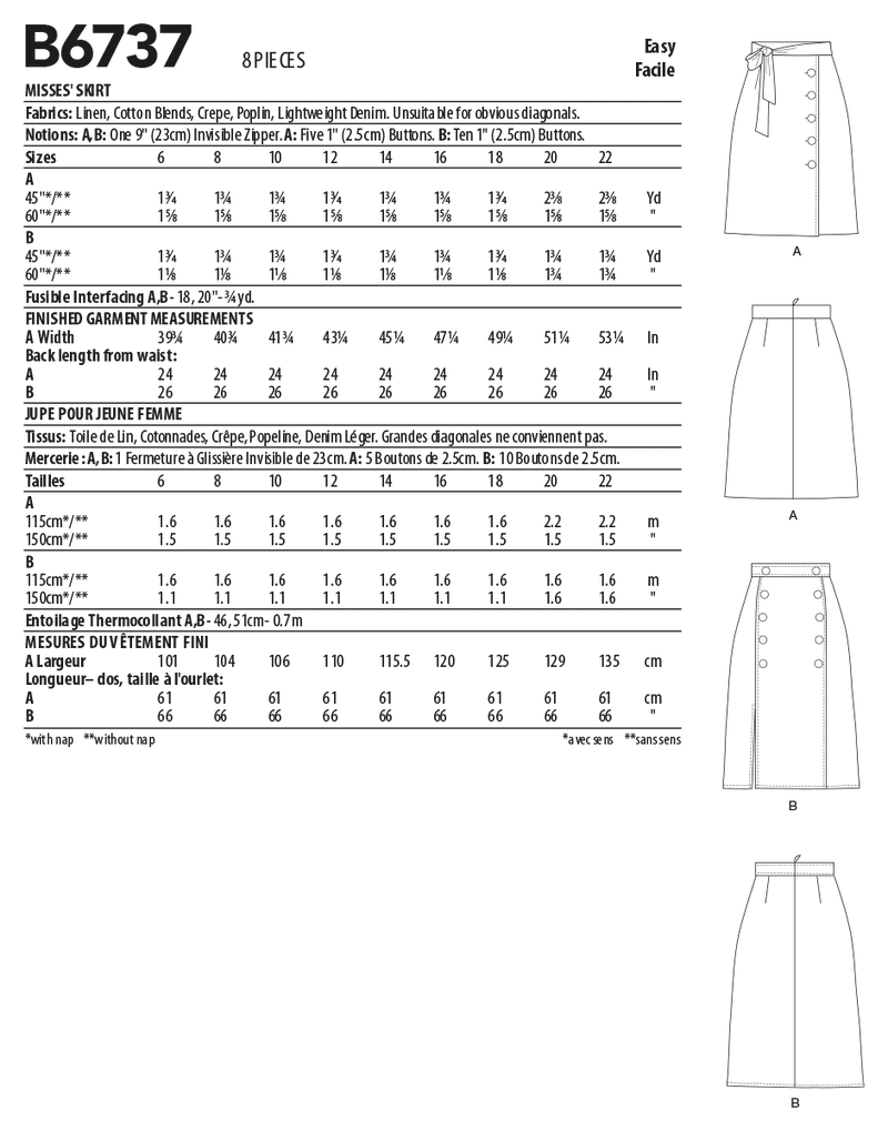 B6737 Misses' Skirts (Size: 6-8-10-12-14)