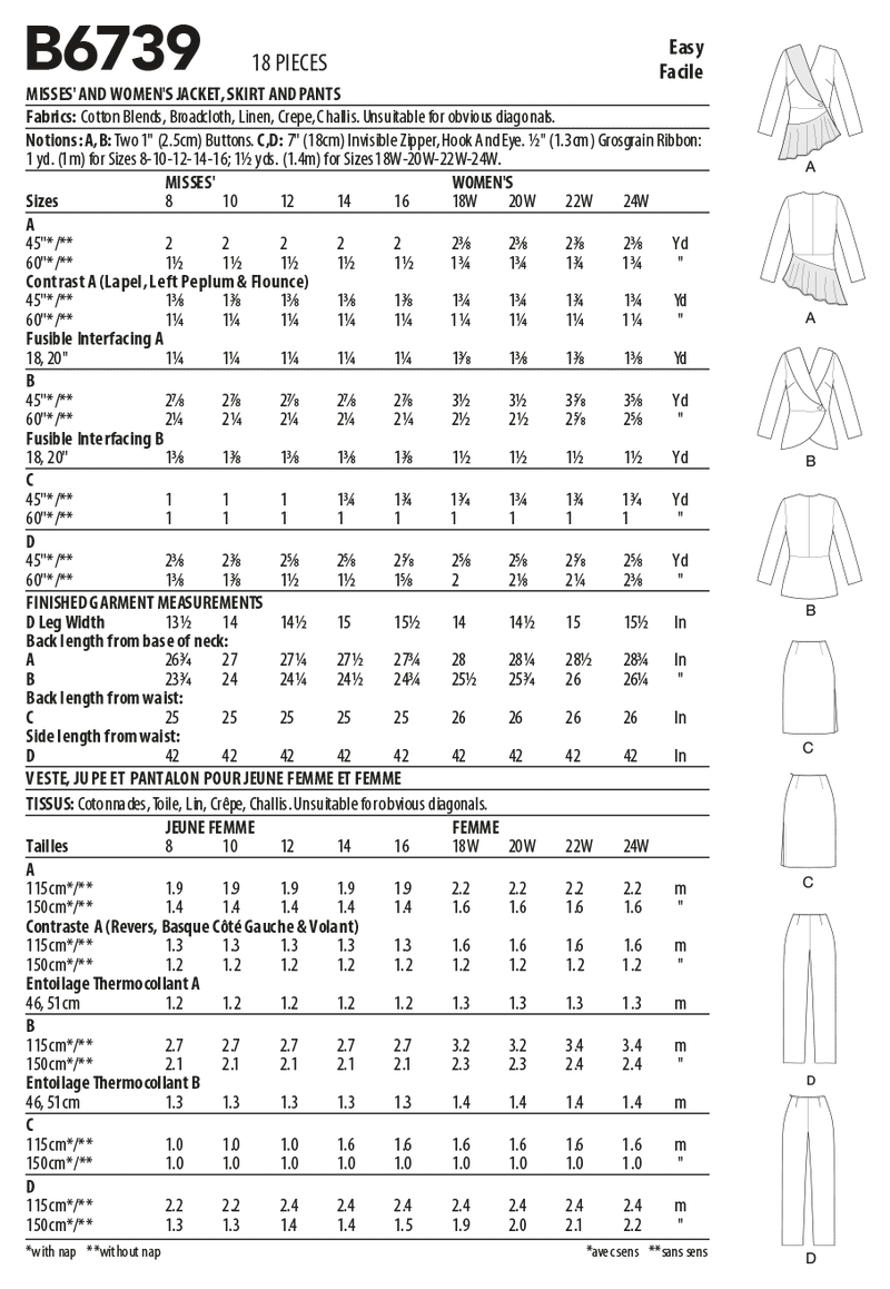 B6739 Misses' Jacket, Dress, Top, Skirt & Pants (Size: 18W-20W-22W-24W)