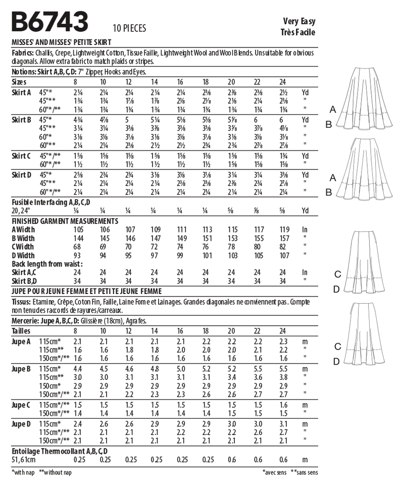 B6743 Misses'/Misses' Petite Gored Skirts (Size: 16-18-20-22-24)