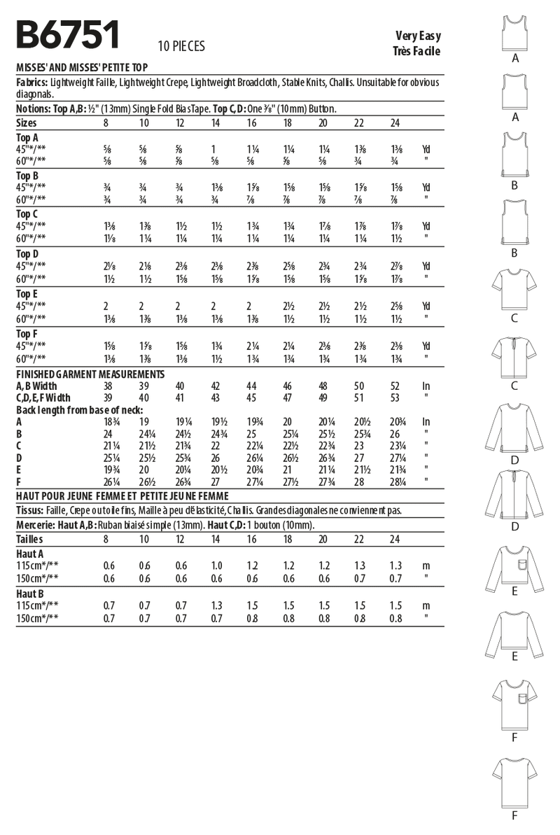 B6751 Misses'/Misses' Petite Pullover Tops (Size: 8-10-12-14-16)