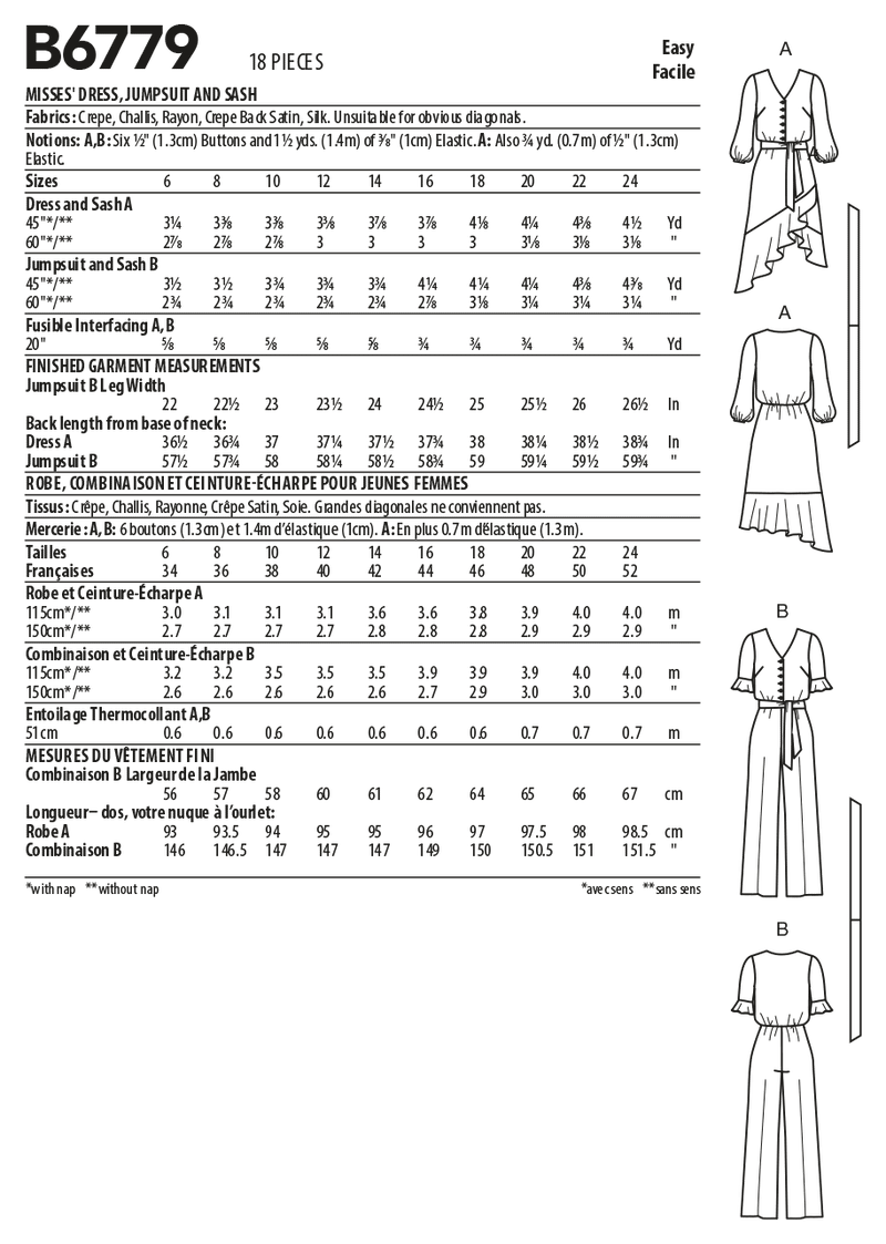 B6779 Misses' Dress, Jumpsuit & Sash