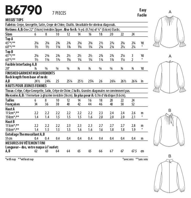 B6790 Misses' Tops (Size: 6-8-10-12-14)